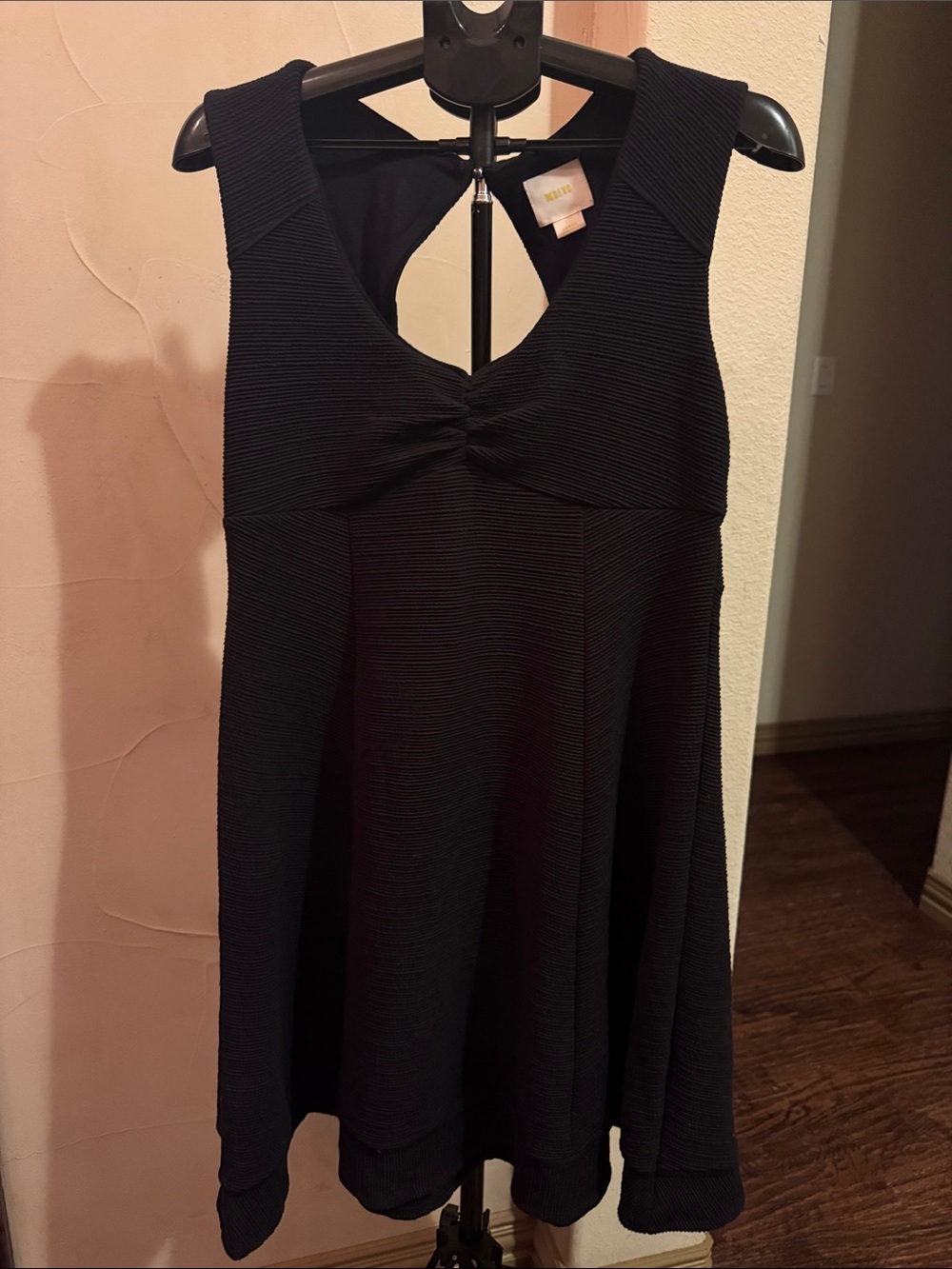 Anthropologie Black Ribbed Fit-and-Flare Mini Dress with Twist Front